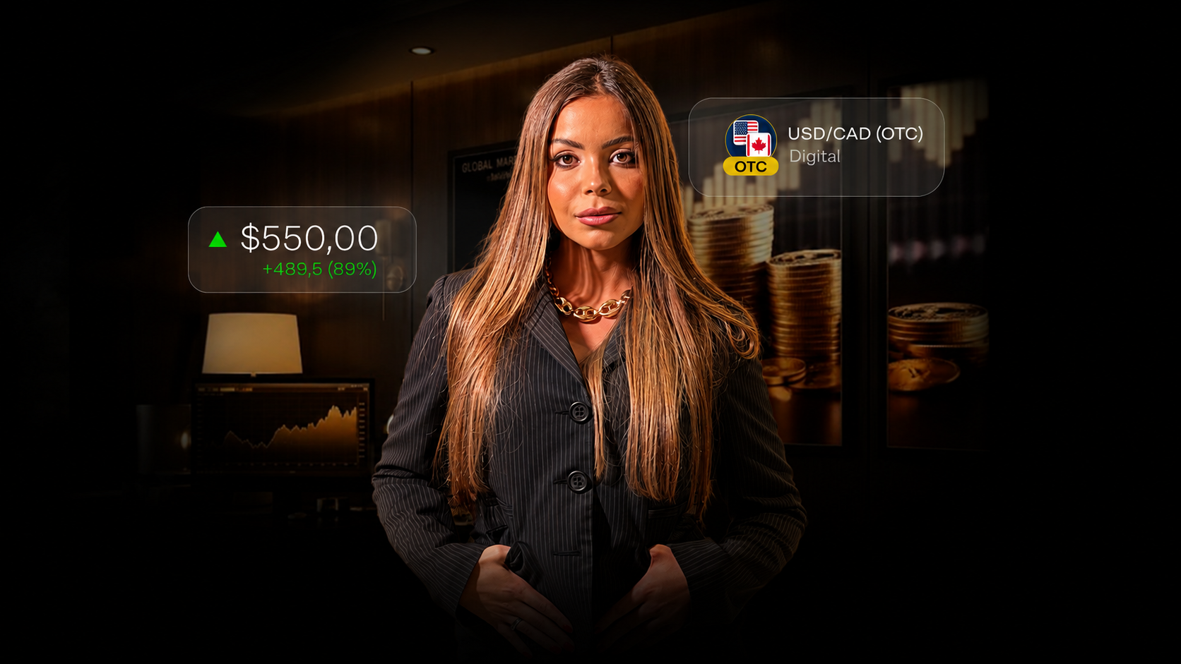 Trader profissional em escritório com gráficos e moedas de ouro